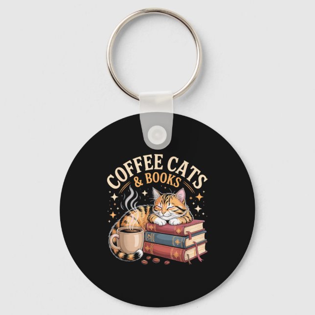 Chaveiro Cozy Reading Cat Coffee And Books Lover Artwork  (Frente)