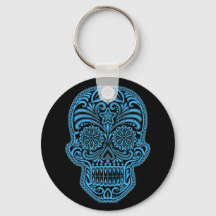 Chaveiro Crânio azul e preto decorativo do açúcar