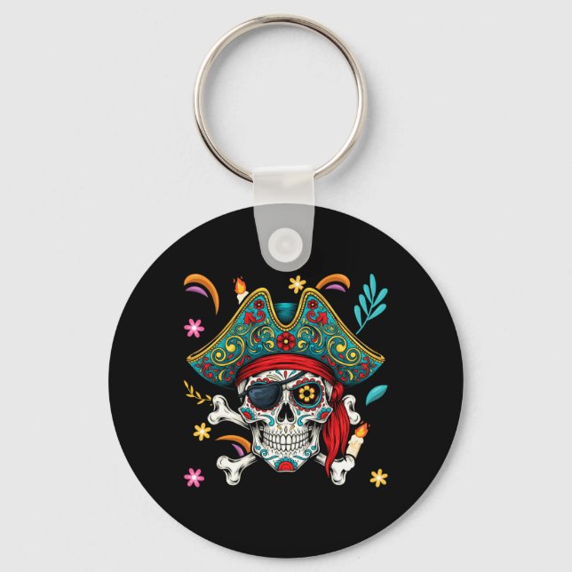 Chaveiro Cranio de Açúcar do Dia do Jolly Roger Pirata Osso (Frente)