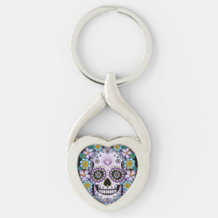 Chaveiro Crânio de Açúcar Roxo com Flores