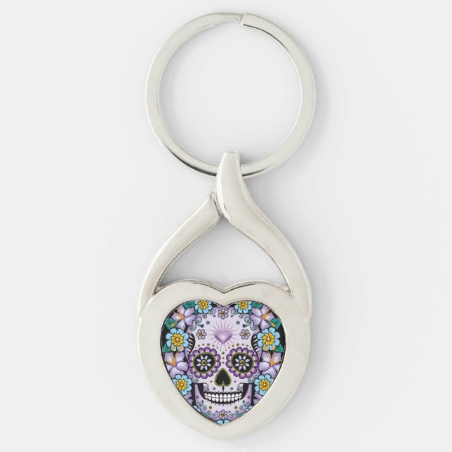 Chaveiro Crânio de Açúcar Roxo com Flores (Frente)