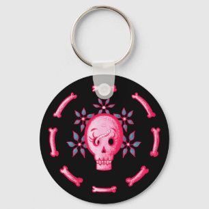 Chaveiro Crânio Engraçado De Rosa Com Flores E Ossos