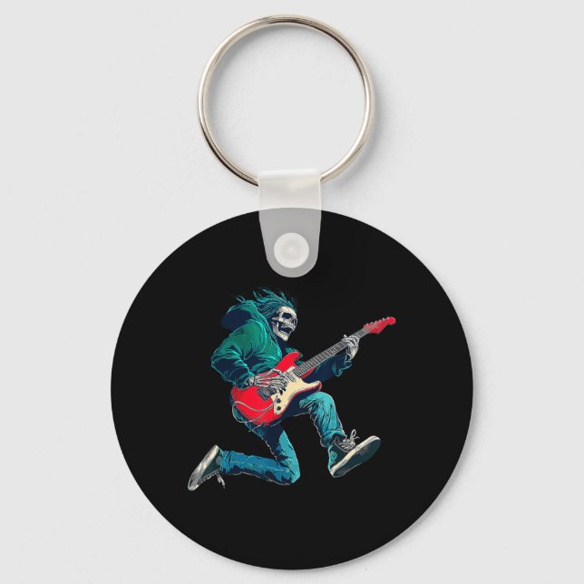 Chaveiro Crânio Esqueleto Tocando Guitarra Estrela Rock Rol (Frente)