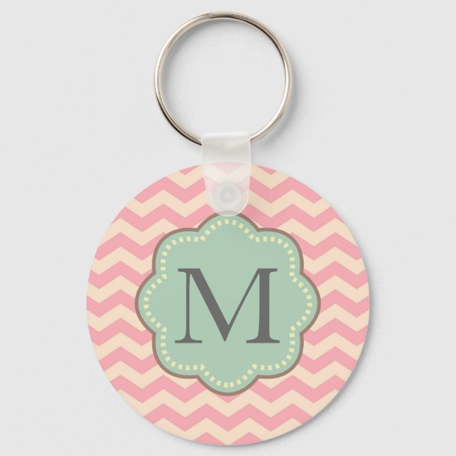 Chaveiro Creme Rosa Mint Chevron Stripes Monograma (Frente)