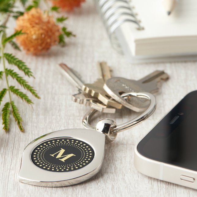 Chaveiro Criar o preto Dourado preto personalizado metal gi (Create Custom Black Gold Monogrammed Swirl Metal Keychain)