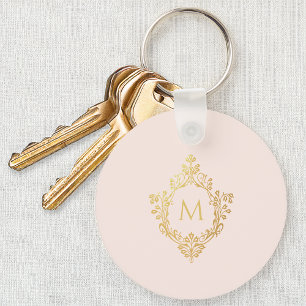 Chaveiro Crista Elegante Rosa Monograma com Folha de Ouro F