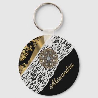 Chaveiro Cristal branco de rendas preto e dourado