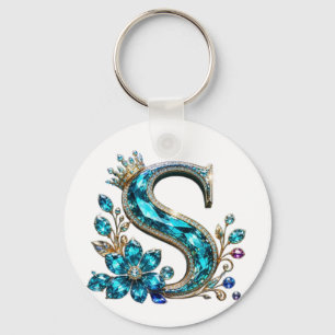 Chaveiro Cristal Turquesa Letra S & Coroa
