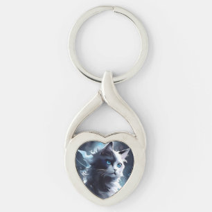 Chaveiro Cristóvão Místico Preto e Branco   Gato de Aquarel