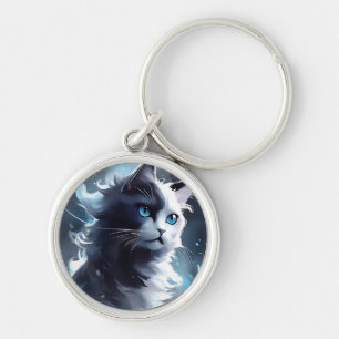 Chaveiro Cristóvão Místico Preto e Branco   Gato de Aquarel