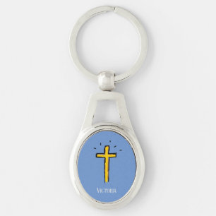 Chaveiro Cruz Cristã Dourada Azul Nome Personalizado 