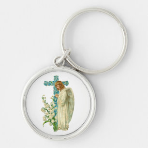 Chaveiro Cruz cristã florescida azul