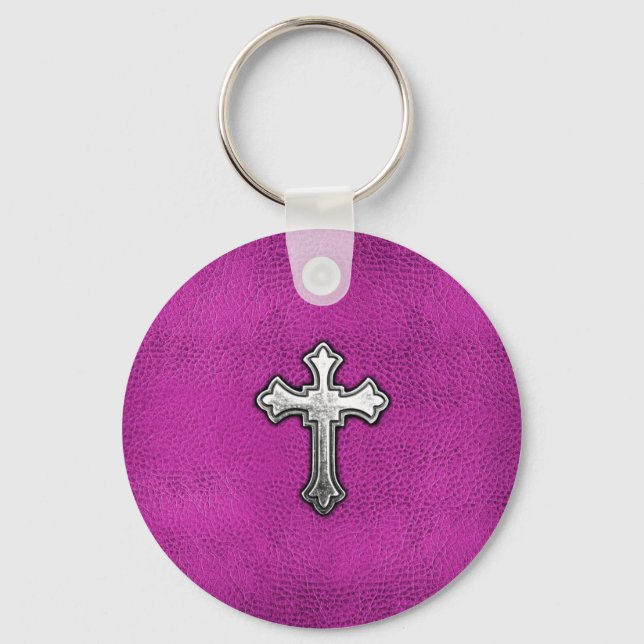 Chaveiro Cruz de metal em couro rosa (Frente)
