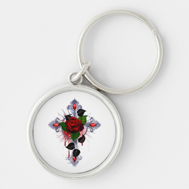 Chaveiro Cruz de Prata com Rosa vermelha (Frente)