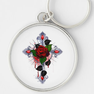 Chaveiro Cruz de Prata com Rosa vermelha
