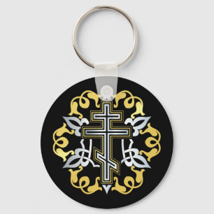 Chaveiro Cruz Ortodoxa Dourada com Ornamentos
