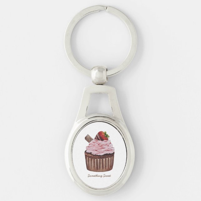 Chaveiro Cupcake De Morango Cujo Cama É Em Aquarela (Frente)