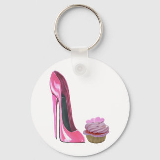 Chaveiro Cupcake rosa com coração e Calçado estiletto rosa