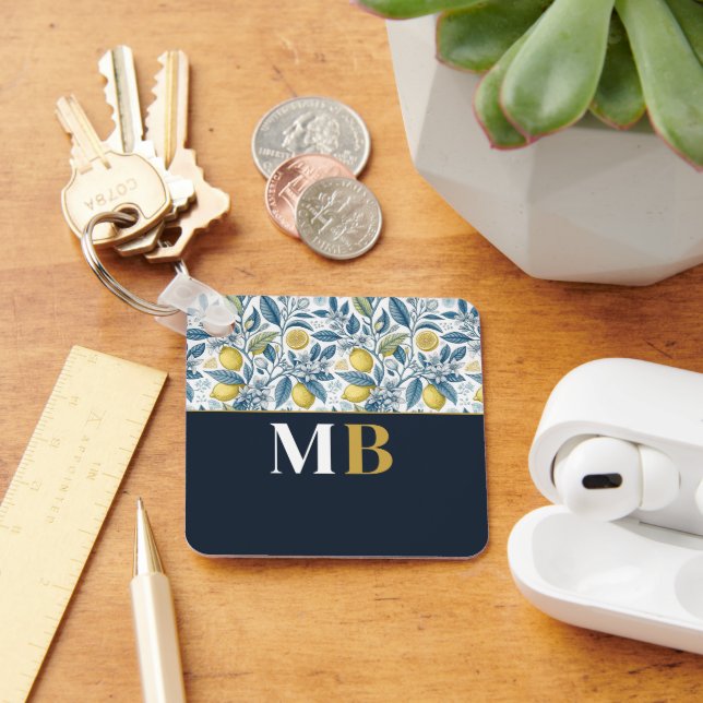 Chaveiro Custom Elegant Mediterranean Lemon Botanical Navy (Mesa)