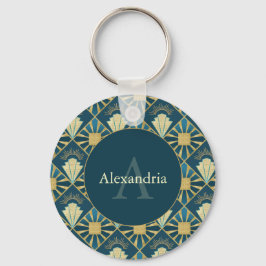 Chaveiro Custom Name & Monogram Art Deco Teal & Gold