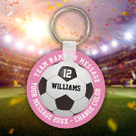 Chaveiro Custom Name Number Team Name Soccer Ball Pink<br><div class="desc">Personalized name,  number,  team name and message soccer gift. You can customize the background color to match your favorite team. Designed by Thisisnotme©</div>