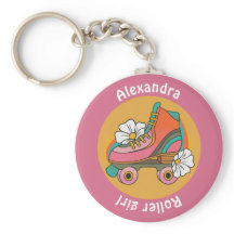 custom name roller skate girl pink girly keychain
