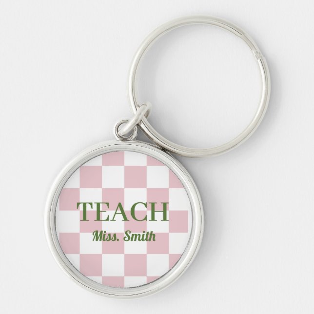 Chaveiro Customizable Name Teach Tote Cute Pink Checkered (Frente)