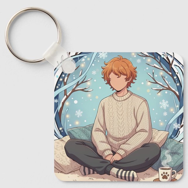 Chaveiro Cute Anime Boy Drinking Coffee in Winter (Frente)