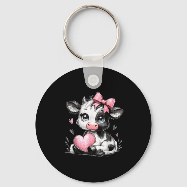 Chaveiro Cute Baby Cow With Nk Coquette Bow Holding Heart  (Frente)