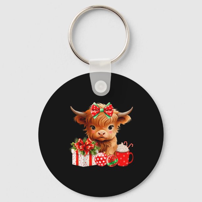Chaveiro Cute Baby Highland Cow Merry Christmas Farmer Cow  (Frente)