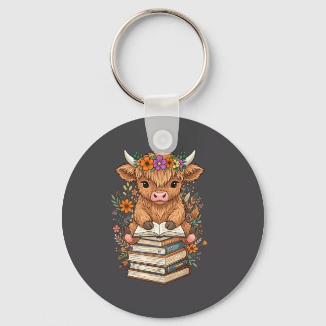 Chaveiro Cute Baby Highland Cow Reading Book Librarian Book (Frente)