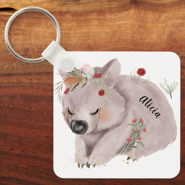 Chaveiro Cute Baby Wombat Dourado Speckle Nome Personalizad (Frente)
