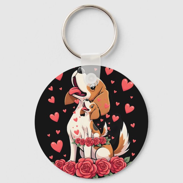 Chaveiro Cute Beagle with Red Roses Hearts Floral Valentine (Frente)