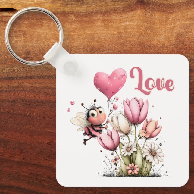 Chaveiro Cute Bee Love Heart Balloon Spring Flowers (Frente)