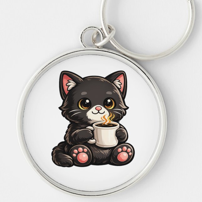 Chaveiro Cute Black Cat with Coffee (Frente)
