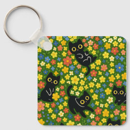 Chaveiro Cute Black Cats Floral Meadow Pattern