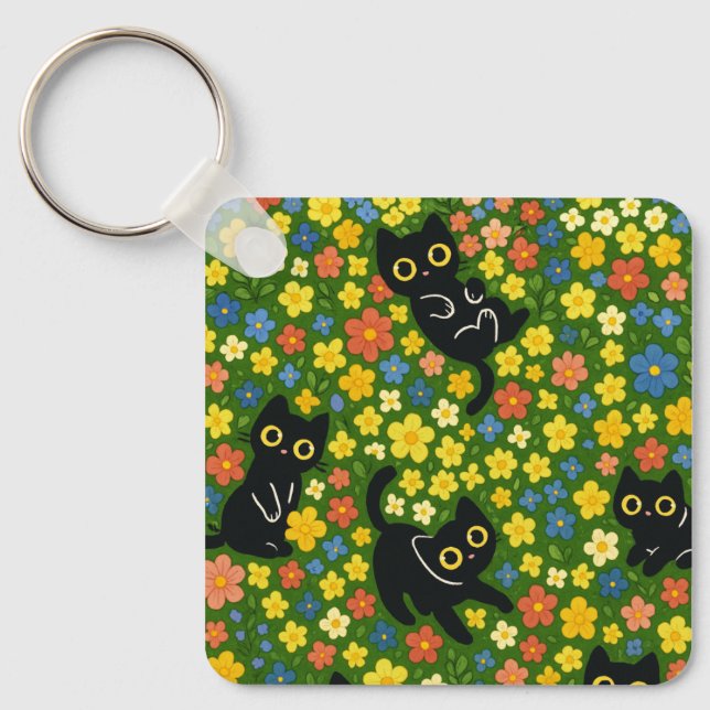 Chaveiro Cute Black Cats Floral Meadow Pattern (Frente)