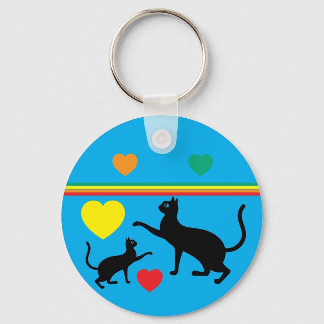 Chaveiro Cute Black Cats & Rainbow Shapes Blue Keychain (Verso)