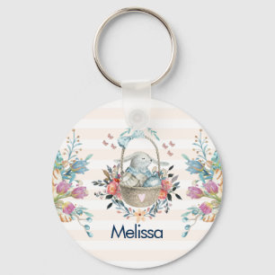 Chaveiro Cute Bunny in a basket with Eggs & Pretty Flowers