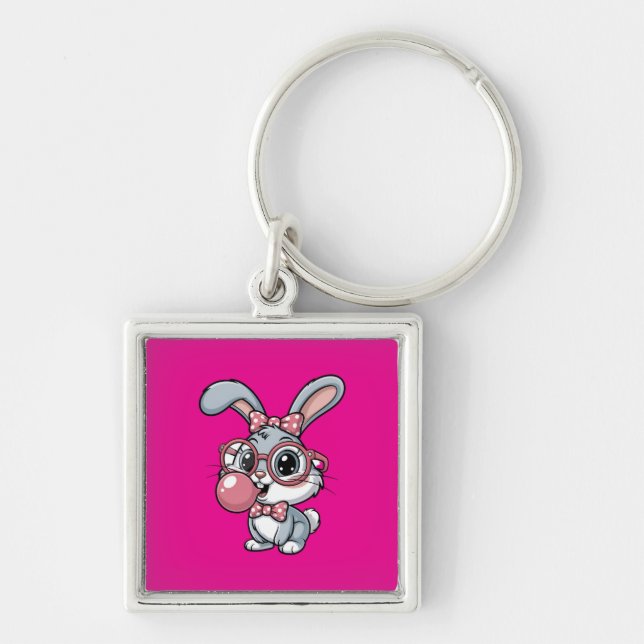 Chaveiro Cute Bunny with Glasses Blowing Bubble Gum (Frente)