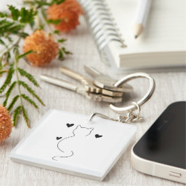 Chaveiro Cute cat line drawing, with three hearts