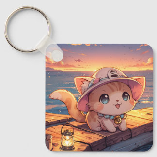 Chaveiro Cute Chibi Kitten at the Harbor Sunset – Whimsical