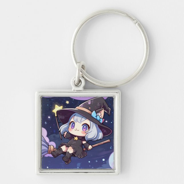 Chaveiro Cute Chibi Witch Flying in the Night Sky (Frente)
