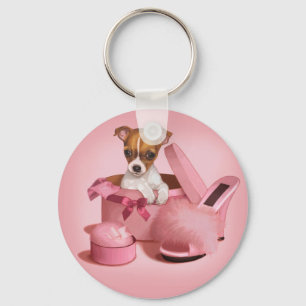 Chaveiro Cute Chihuahua Puppy no Hatbox