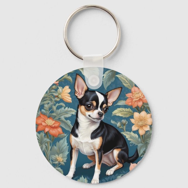 Chaveiro Cute Chihuahua William Morris Inspirou Floral (Frente)