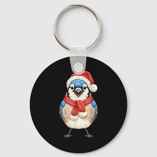 Chaveiro Cute Christmas Blue Jay Santa Bird Watching  (Frente)
