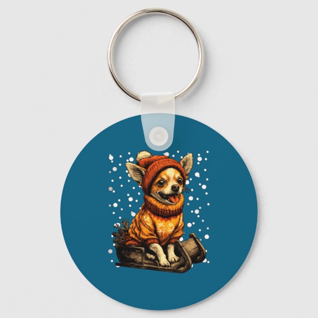 Chaveiro Cute Christmas Chihuahua Sledding In Snow Funny Wi (Frente)