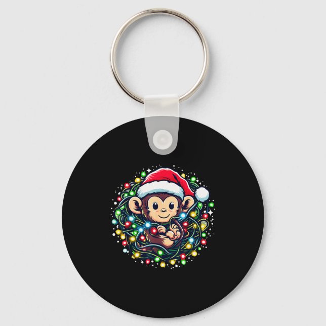 Chaveiro Cute Christmas Monkey Santa Hat Lights Monkey Wome (Frente)