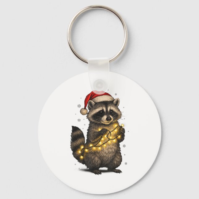 Chaveiro Cute Christmas Raccoon Funny Holiday Lights Animal (Frente)