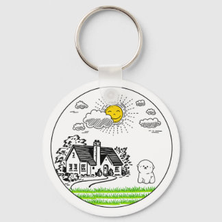 Chaveiro *Cute Cottage & Puppy with Smiling Sun – Circular 